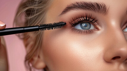 A close-up of a young woman's eyes as she applies mascara to her eyelashes. Beauty shot. Blue eyes.