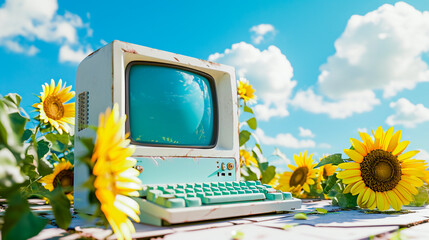Technology nostalgia, nature meets retro computer in sunflower field. Vintage PC model 