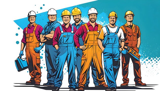 Workers in hard hats and overalls on a neutral background, screen printing, pop art,	
