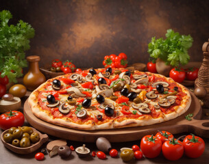pizza chicken tomato bell pepper olives mushroom with nice background