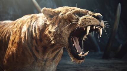 saber tooth tiger smilodon lived 42 million years ago.Generative AI - obrazy, fototapety, plakaty