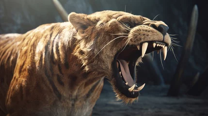 Foto op Canvas saber tooth tiger smilodon lived 42 million years ago.Generative AI © sudipdesign