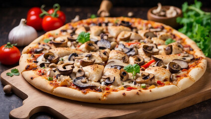 Chicken hot pizza with mushrooms with vegetable