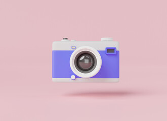 3d camera with lens. Photo camera, social media, Take a photo. Front view. Photo camera line concept. 3d render illustration, Cartoon minimal style.