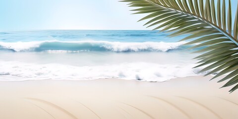 white sand beach with blue water wave and palm leaf shadow from above, beautiful empty abstract idyllic summer vacation frame background with copy space
