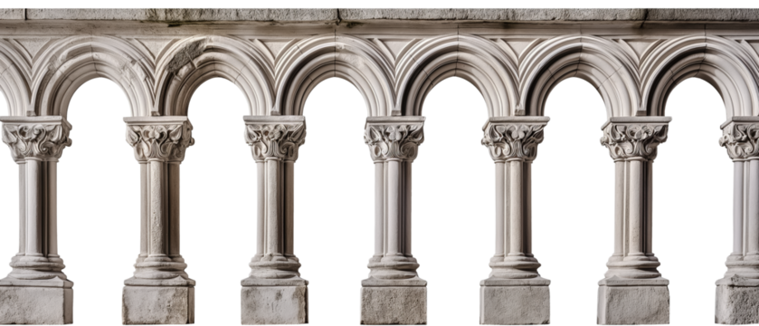 Ancient arches, columns, windows and apertures, Elements of architecture of buildings isolated on a white transparent background, png