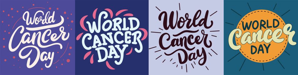 Collection of inscriptions World Cancer Day. Handwriting set lettering World Cancer Day concept text banner. Hand drawn vector art. - obrazy, fototapety, plakaty