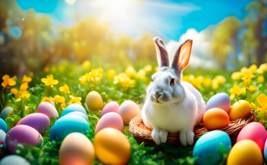 Fototapeta na wymiar Easter rabbit in meadow with easter eggs in the fresh,green spring landscape.