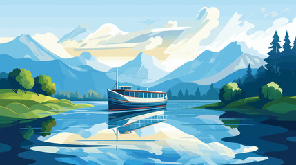  illustration traveling boat in sea, beautiful landscape, green trees, blue river, landscape background, cool colors, generative ai