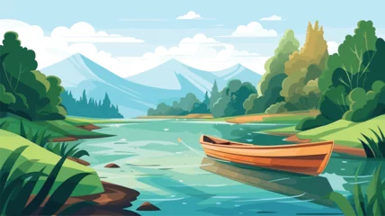 Fotobehang illustration traveling boat in river, beautiful landscape, green trees, natural light, nature landscape background, cool colors, generative ai © Orod
