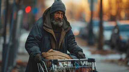 Desperate homeless man carries shopping cart with his belongings - obrazy, fototapety, plakaty