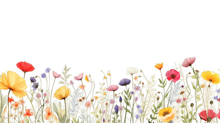 Dainty wildflowers border isolated on transparent background. PNG file, cut out - obrazy, fototapety, plakaty