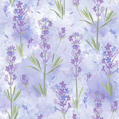 Lavender.  Seamless vector pattern with flowers on lilac watercolor background.  Perfect for design templates, wallpaper, wrapping, fabric, print and textile.