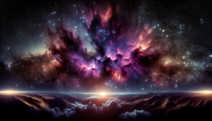 Obraz premium Discover the untamed beauty of a starry nebula in the Galactic Wilderness, interstellar contrast of purple and black