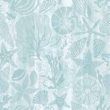 Sea creatures. Art seamless pattern on the marine theme with underwater plants,starfish, seashells on blue watercolor background. Vector. Perfect for design templates, wallpaper, wrapping, fabric. 