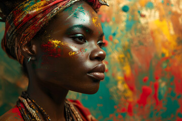 An African tribal woman on a background of red, yellow, and green with a lot of negative space, a banner for Black History Month,