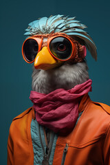 Un oiseau stylé avec des lunettes, sur un fond coloré