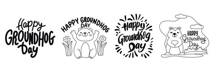 Collection of inscriptions Happy Groundhog Day. Handwriting set lettering Happy Groundhog Day concept text banner. Hand drawn vector art.