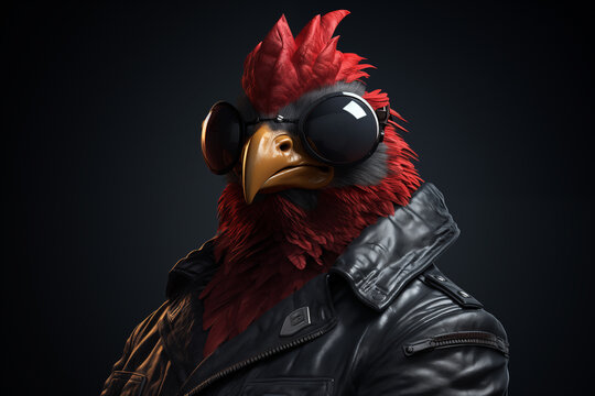 Un coq styl&eacute; avec des lunettes, habill&eacute; avec un blouson en cuir