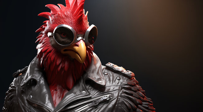 Un coq styl&eacute; avec des lunettes, habill&eacute; avec un blouson en cuir