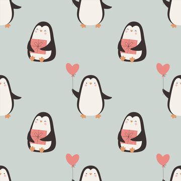 Valentine s day seamless pattern with cute penguins, gift and heart shaped balloon.