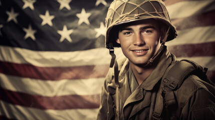 U.S. military soldiers in uniform on U.S. flag background