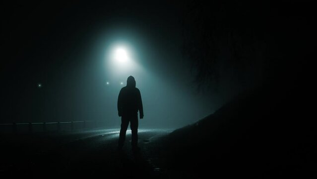 A hooded figure, on a scary country road, watching mysterious glowing UFO supernatural lights moving in the sky, On a spooky foggy, winters night. 