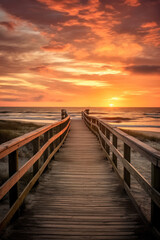 Wooden boardwalk leading to sunset over ocean