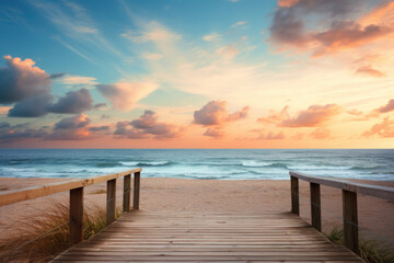 Fototapeta premium Peaceful beach sunset seen from wooden seaside walkway