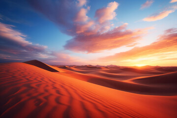 Sunset over sandy desert landscape with ridged dune patterns