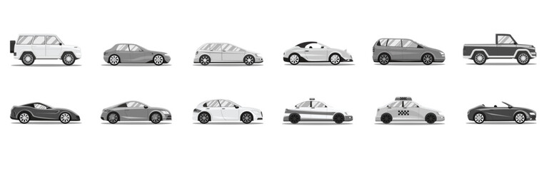 Modern passenger cars body types. Micro mini, small, hatchback, business vehicle, sedan family car, crossover,  suv, pickup, minivan, van. Isolated vector object icons on white background.