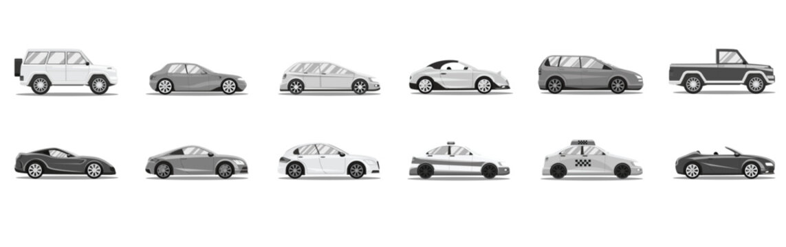 Modern passenger cars body types. Micro mini, small, hatchback, business vehicle, sedan family car, crossover,  suv, pickup, minivan, van. Isolated vector object icons on white background.