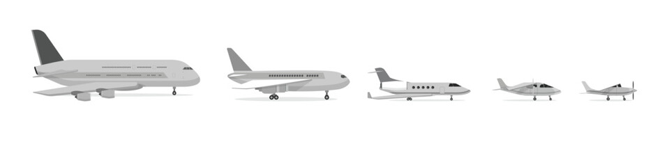 Different types of planes flat vector illustrations set. Passenger airplane or aeroplane, jets or aircrafts for airlines, air transport isolated on white background. Aviation, transportation concept