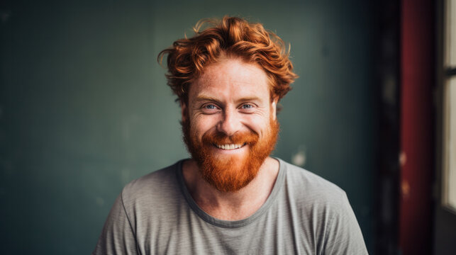 Headshot of red haired serious young male blogger looks confidently at camera, thinks about new content of his web page, dressed casually, earns money distantly, isolated over dark studio background