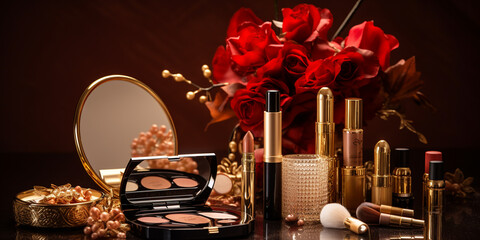luxury set of cosmetics in a composition with flowers, demonstration, presentation of a cosmetic product - obrazy, fototapety, plakaty