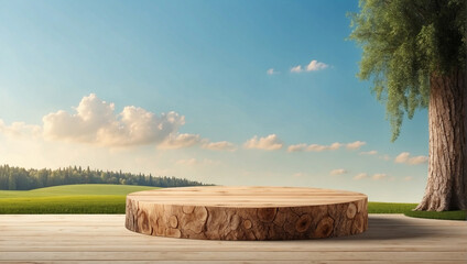 tree trunk podium for presentation product Meadow background