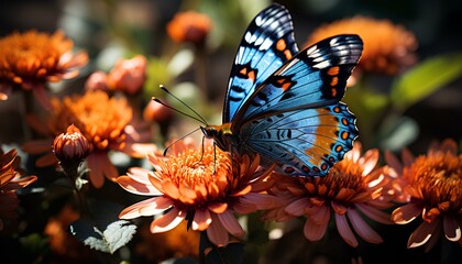butterfly on flower. blue butterfly landing on a flower. closeup of a butterfly on flower. blue butterfly Rhopalocera