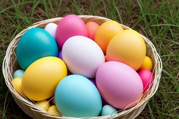 Fototapeta na wymiar Colorful easter eggs in a basket on green grass background.