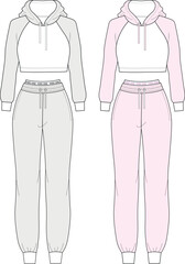 womens tracksuit set ladies plain crop top hoodie and jogging bottom technical drawing flat sketch vector illustration template. isolated on white background cad mockup. - obrazy, fototapety, plakaty