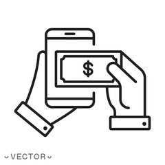 icon of receiving money using a mobile phone, sending or transferring money using a mobile phone isolated on a white background, editable stroke eps 10 vector illustration