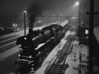 Eine Dampflok fährt im Winter in einen Bahnhof ein - obrazy, fototapety, plakaty