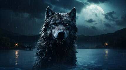 Wolf at the dark night with deep moon scary view