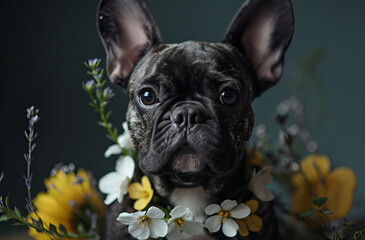 French bulldog puppy, black and white french bulldog wearing a flower collar isolated on dark background, Pocket Meadows, wearable flowers, copy space