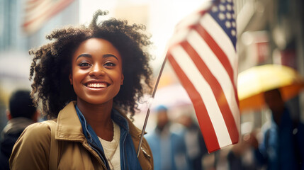 Happy, smiling afro black woman with American flag in the city on the Independence Day holidays of...