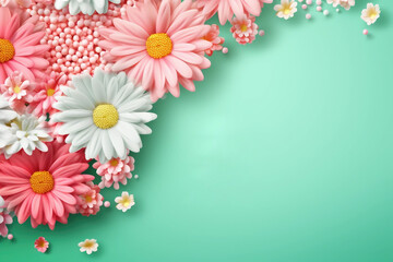 Obraz premium Beautiful spring flowers on the green pastel color background. Springtime composition with copy space.