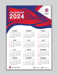 Wall calendar 2024 template on red wave background, calendar 2024 design, desk calendar 2024 design, Week start Sunday, flyer, Set of 12 Months, organizer, planner, printing media