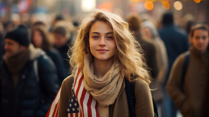 Happy, smiling woman with an American flag in the city on the Independence Day holidays of the United States of America.