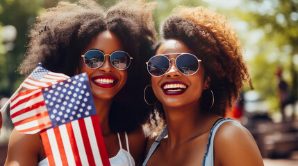 Happy two afro women with American flag on Independence Day holidays of the United States of America.