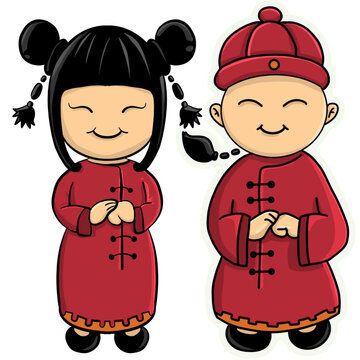 cartoon illustration of a couple of chinese people dressed in traditional clothing