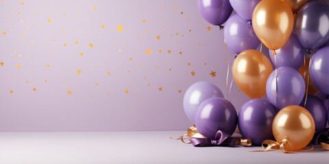 Birthday party banner violet and gold composition with balloons, confetti, concept giftcard, copy...